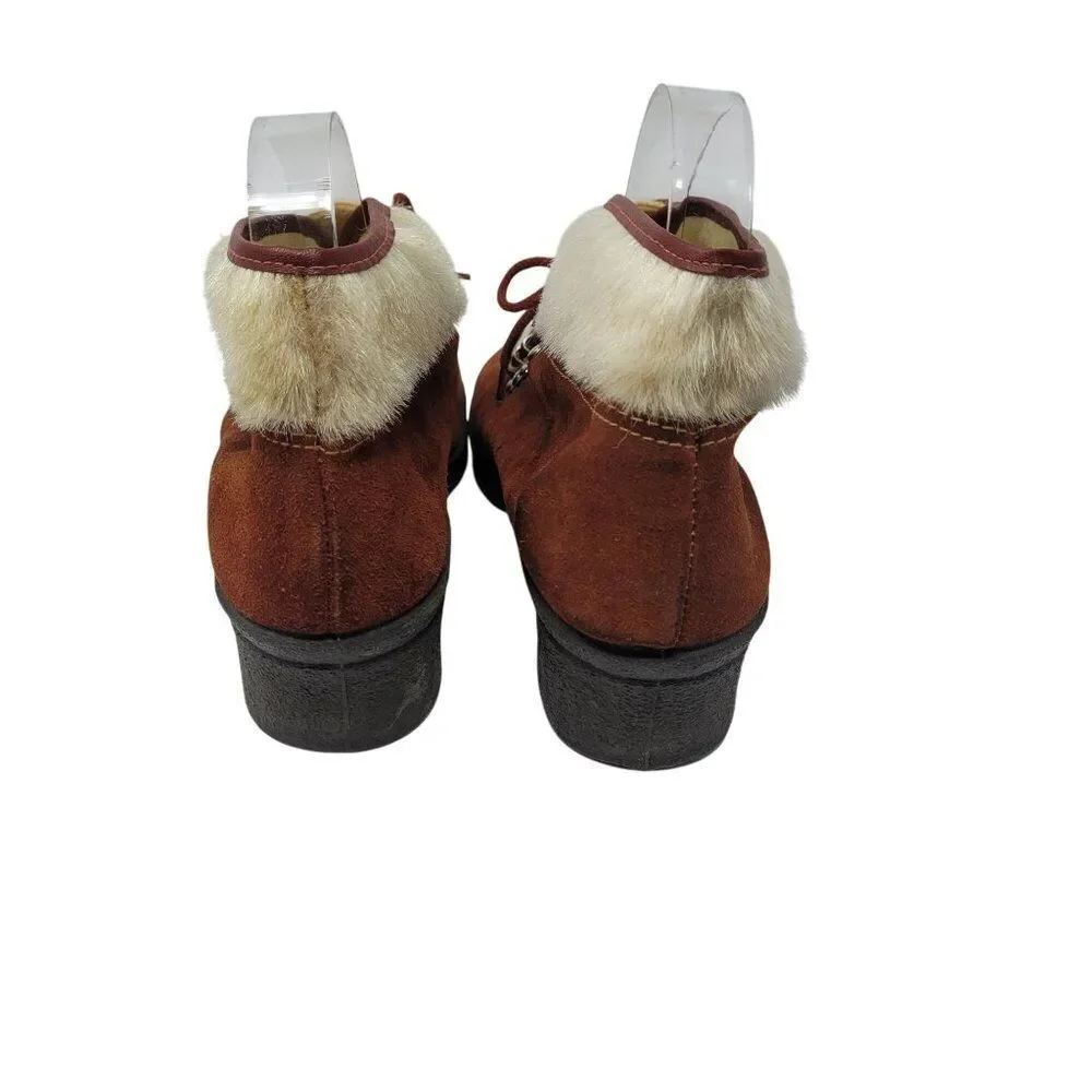 Vtg Italian Snow Boots Rust Suede Cream Faux Fur Lace-Up Ankle Booties‎ US Sz 6